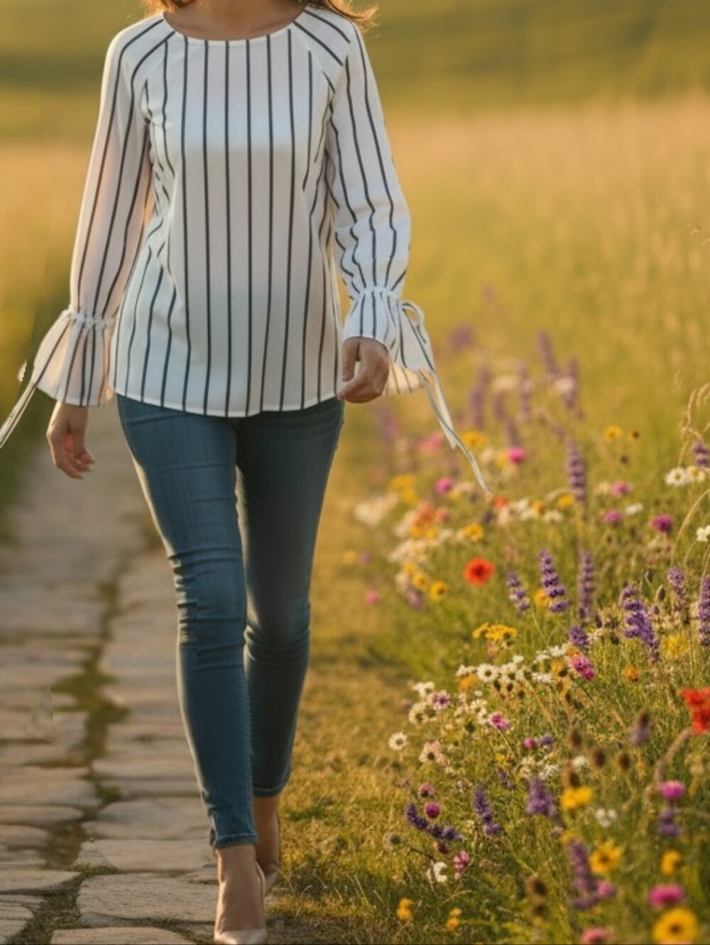 Dalia | White Blouse with Black Pinstripes and Ruffle Tie Cuffs